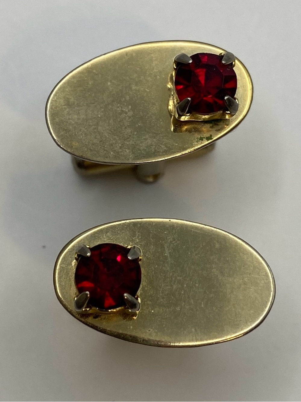 Vintage Red Rhinestone Gold Oval Cufflinks 1950s-60s Mid-Century